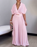 2 Pieces Outfit Turn down Collar Batwing Sleeve Crop Top and Casual High Waist Wide Leg Pants Set