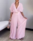 2 Pieces Outfit Turn down Collar Batwing Sleeve Crop Top and Casual High Waist Wide Leg Pants Set