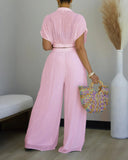 2 Pieces Outfit Turn down Collar Batwing Sleeve Crop Top and Casual High Waist Wide Leg Pants Set