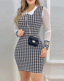 Houndstooth Print Turn down Collar Bodycon Dress See Through Mesh Long Sleeve Slim Fit Mini Dress