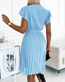 Plain Ruffles V Neck A Line Mini Dress Casual Tied Detail Pleated Dress