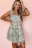 Gray Floral Knotted Strap Smocked Tiered Ruffle Mini Dress