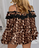 Leopard Pattern Off Shoulder Spaghetti Strap Blouse Lantern Sleeve Ruffles Decor Casual Top