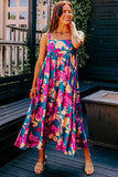 Dark Blue Floral High Waist Sleeveless Flared Long Dress