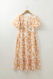 Apricot Floral Print Puff Short Sleeve Resort Plus Size Maxi Dress