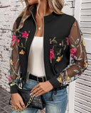 Floral Embroidery Stand Collar Sheer Mesh Long Sleeve Jacket Zipper Drawstring Casual Coat with Pockets