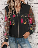 Floral Embroidery Stand Collar Sheer Mesh Long Sleeve Jacket Zipper Drawstring Casual Coat with Pockets