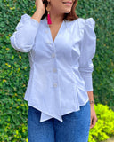 V Neck Front Button Long Sleeve Gigot Sleeve Blouse Elegant Top