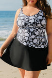 Black Plus Size Printed Square Neck Drawstring Ruffled Tankini Set