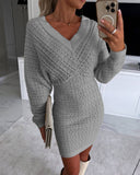 V Neck Hollow Out Long Sleeve Knit Dress