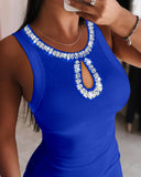 Sparkling Rhinestone Detail Keyhole Neck Bodycon Dress Slim Fit Mini Dress