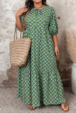 Green Geometric Floral Print Half Sleeve Plus Size Maxi Dress