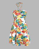 Floral Print Halter Sleeveless A Line Mini Dress Sexy Waist Hollow Out Vacation Dress