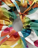 Floral Print Halter Sleeveless A Line Mini Dress Sexy Waist Hollow Out Vacation Dress