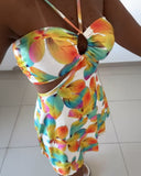Floral Print Halter Sleeveless A Line Mini Dress Sexy Waist Hollow Out Vacation Dress