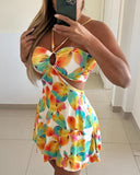 Floral Print Halter Sleeveless A Line Mini Dress Sexy Waist Hollow Out Vacation Dress