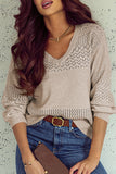 Brown Eyelet Pattern Detail V Neck Drop Shoulder Sweater