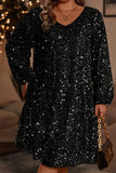 Color black Plus Size Bubble Sleeve V Neck Sequin Dress