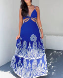 Floral Print Plunge V Neck Adjustable Spaghetti Strap Dress Casual Hollow Out A Line Vacation Dress