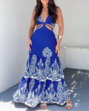 Floral Print Plunge V Neck Adjustable Spaghetti Strap Dress Casual Hollow Out A Line Vacation Dress