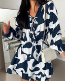 Abstract Print Long Sleeve Lace Up Mini Dress Casual Waist A Line Dress with Built In Shorts