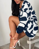 Abstract Print Long Sleeve Lace Up Mini Dress Casual Waist A Line Dress with Built In Shorts