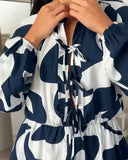 Abstract Print Long Sleeve Lace Up Mini Dress Casual Waist A Line Dress with Built In Shorts