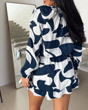Abstract Print Long Sleeve Lace Up Mini Dress Casual Waist A Line Dress with Built In Shorts
