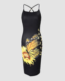 Butterfly Sunflower Print Fishnet Backless Bodycon Dress