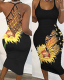 Butterfly Sunflower Print Fishnet Backless Bodycon Dress