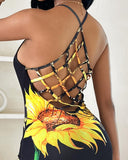 Butterfly Sunflower Print Fishnet Backless Bodycon Dress