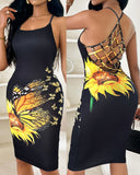 Butterfly Sunflower Print Fishnet Backless Bodycon Dress