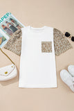 White Leopard Patchwork Crochet Lace Trim Puff Sleeve T Shirt