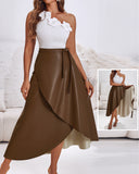 PU Leather Wrap Lace Up Casual Mid Length Skirt Work Skirt