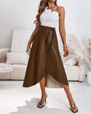 PU Leather Wrap Lace Up Casual Mid Length Skirt Work Skirt