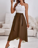 PU Leather Wrap Lace Up Casual Mid Length Skirt Work Skirt