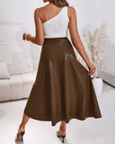PU Leather Wrap Lace Up Casual Mid Length Skirt Work Skirt