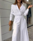 Ruched Long Sleeve Shirt & Wide Leg Asymmetrical Pants Set