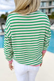 Bright Green Striped Sequin Clover Graphic Colorblock Long Sleeve St Patrick Top