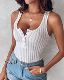 U Neck Snap Button Ribbed Tank Top