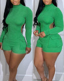 Cutout Pocket Design Long Sleeve Romper