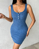 Buttoned Pocket Design Ribbed Bodycon Dress