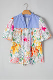 Multicolour Floral Print Striped Yoke Frilled V Neck Puff Short Sleeve Blouse