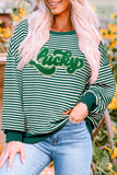 Green Stripe Chenille Lucky Letter Patched Drop Shoulder Long Sleeve Top