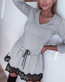 V Neck Long Sleeve Contrast Lace Mini Dress Casual Drawtring Knit Dress