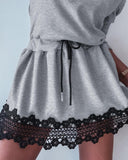 V Neck Long Sleeve Contrast Lace Mini Dress Casual Drawtring Knit Dress