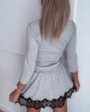 V Neck Long Sleeve Contrast Lace Mini Dress Casual Drawtring Knit Dress