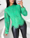 Stand Collar Lace Asymmetrical Hem Top