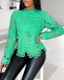 Stand Collar Lace Asymmetrical Hem Top