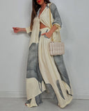 2 Pieces Outfit Floral Print Turn down Collar Button Front Side Slit Long Top and Casual Drawstring Elastic Waist Wide Leg Pants Set